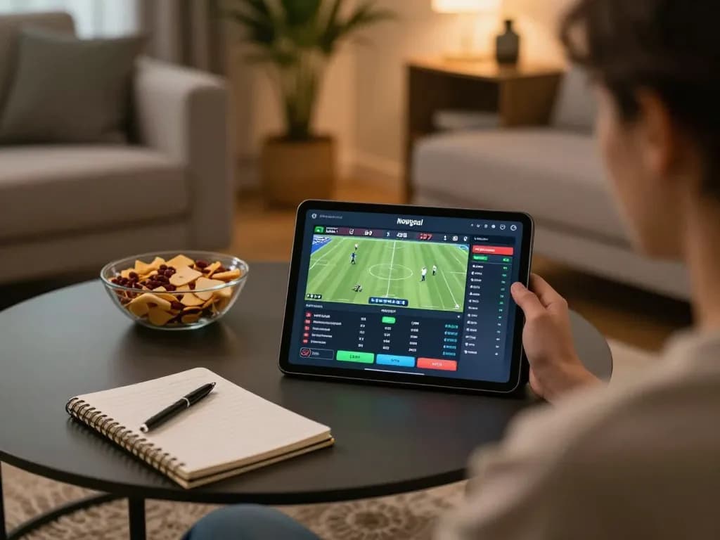 Nowgoal user actively placing bets on a tablet in a cozy home setting with live sports scores visible.