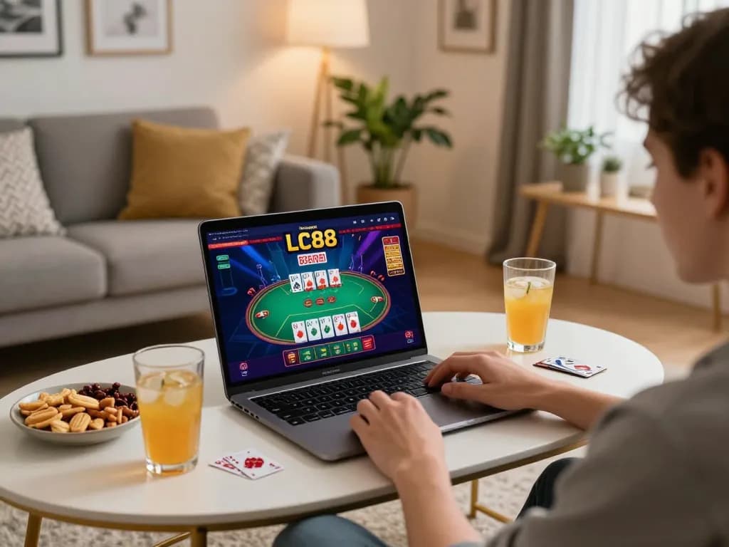 Engaging in strategic online gaming at LC88's platform with laptop, snacks, and drinks in a cozy setup.