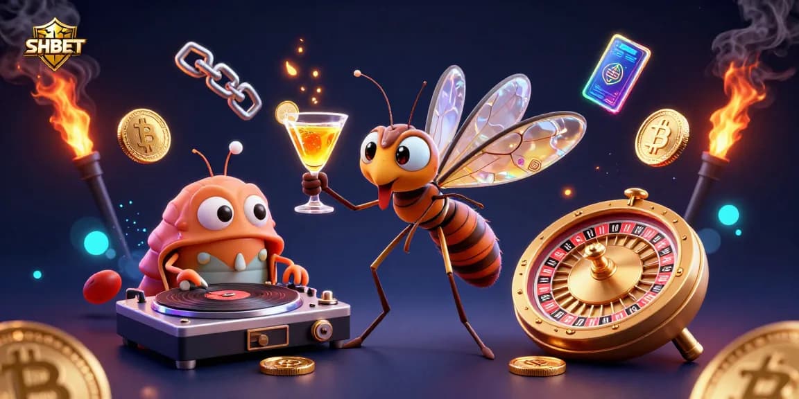 Engage with SHBET's thrilling 3D casino scene featuring animated characters, crypto coins, and vibrant game elements.