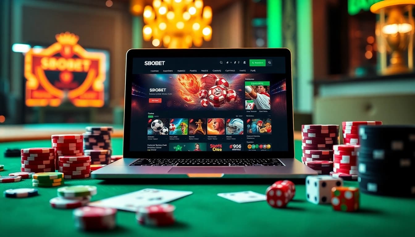 Engage in thrilling bets using the sbobet link on a luxurious online casino interface, enhanced with vibrant casino elements.
