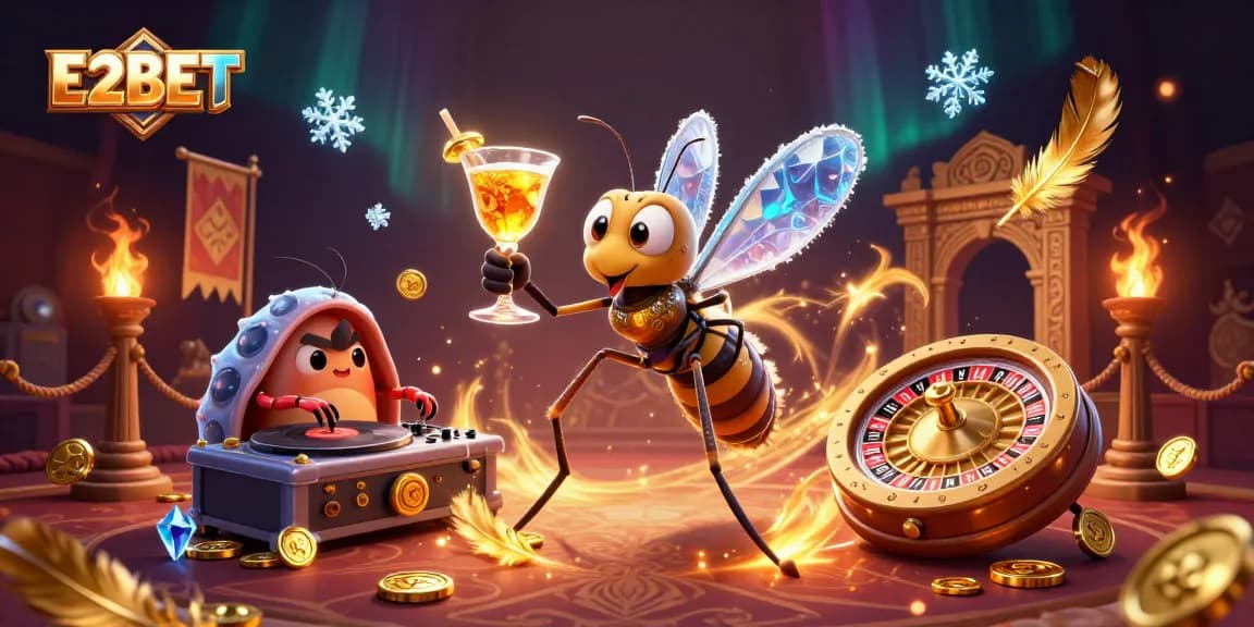 E2BET logo shines as a casino mascot comes to life, showcasing vibrant gambling energy and excitement.