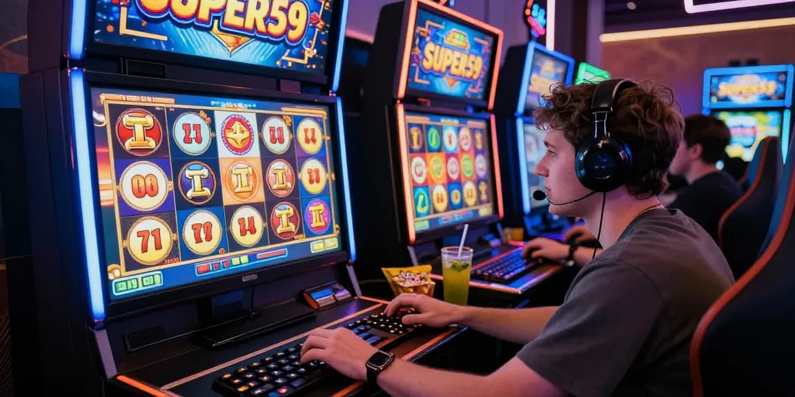 Pengalaman bermain Slot Online di SUPER59, pemain terlibat dengan logo jelas, suasana penuh warna dan antisipasi.