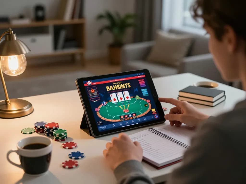 Engaging in Canada online casinos, a player strategizes with poker visible on a tablet in a cozy home office.