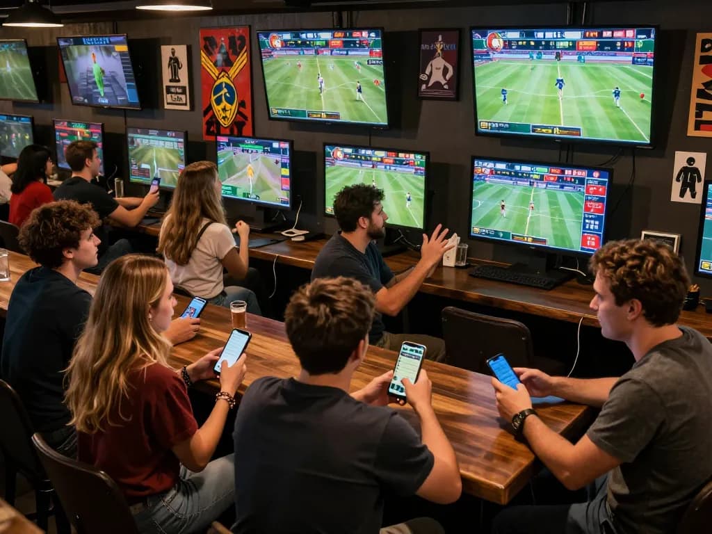 Engaged gamblers placing bets on nhà cái 8xbet during a live sports event, capturing the excitement.