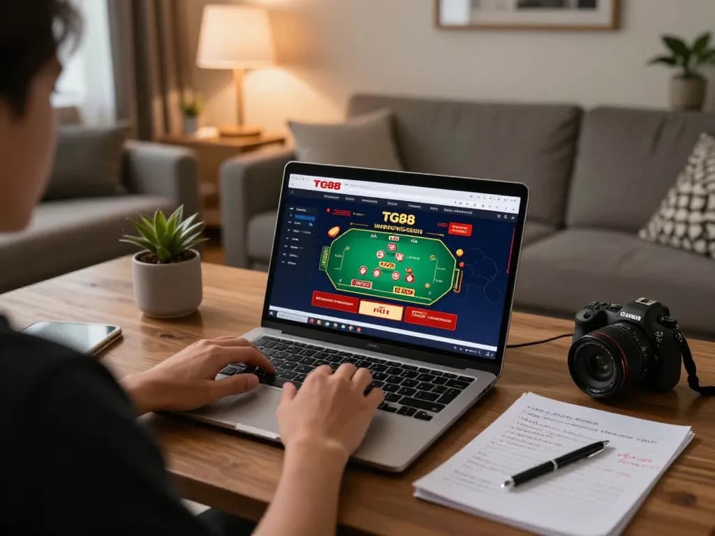 Engaged player exploring TG88 online casino with laptop in a cozy living room.