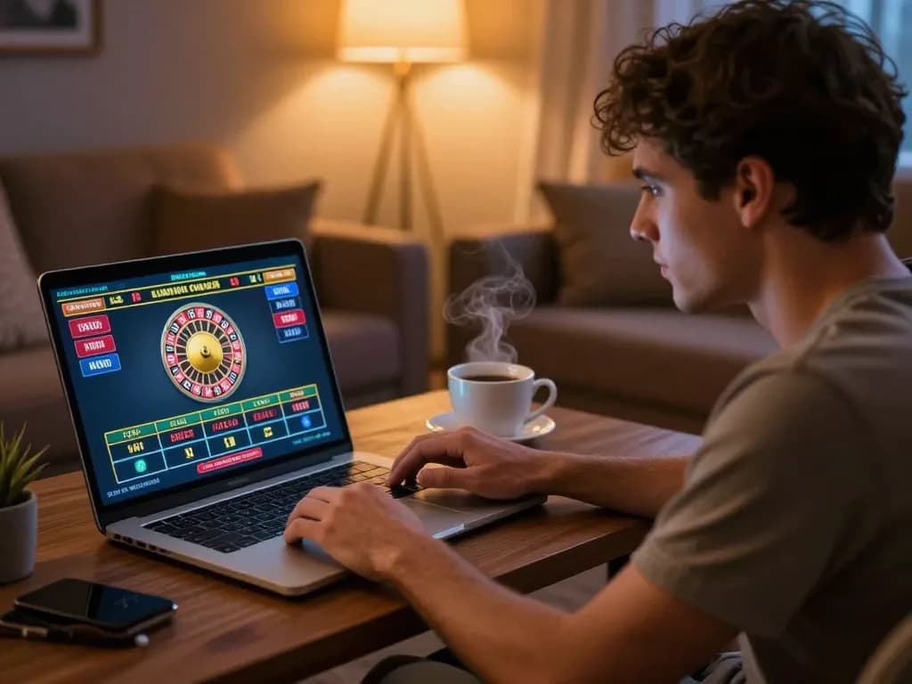 Player enjoying dinamit4d online roulette at home, focused on live dealer action with cozy surroundings