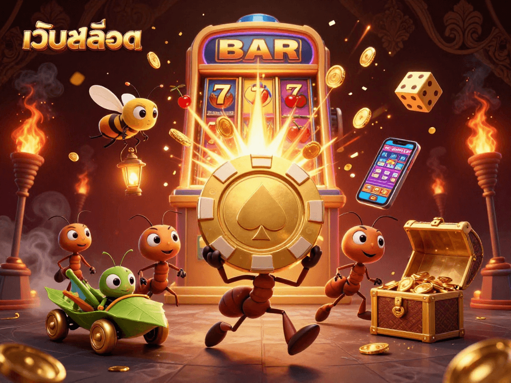 Experience the excitement of เว็บสล็อต with cartoon ants heisting a giant poker chip in this vibrant casino scene.
