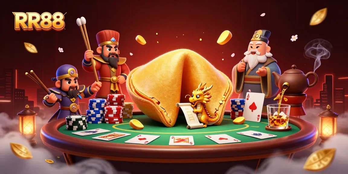 Engage with RR88's vibrant casino scene featuring colorful poker chips and dynamic characters.