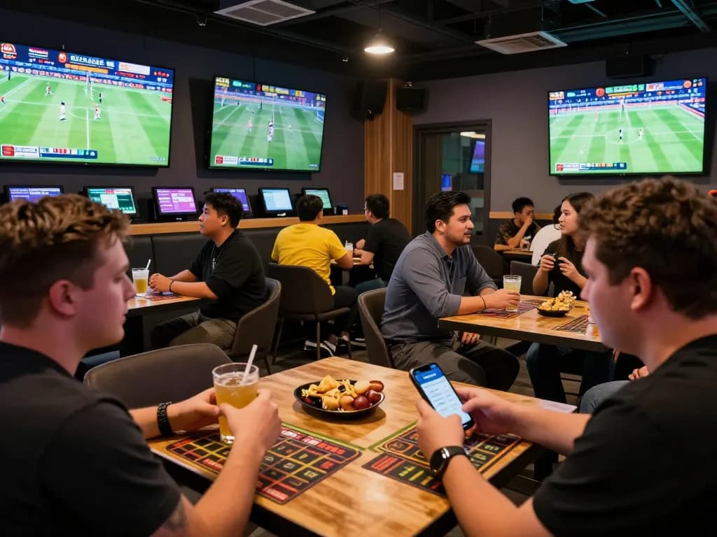 Engaged sports bettors analyzing odds on Bsport app in a lively lounge setting