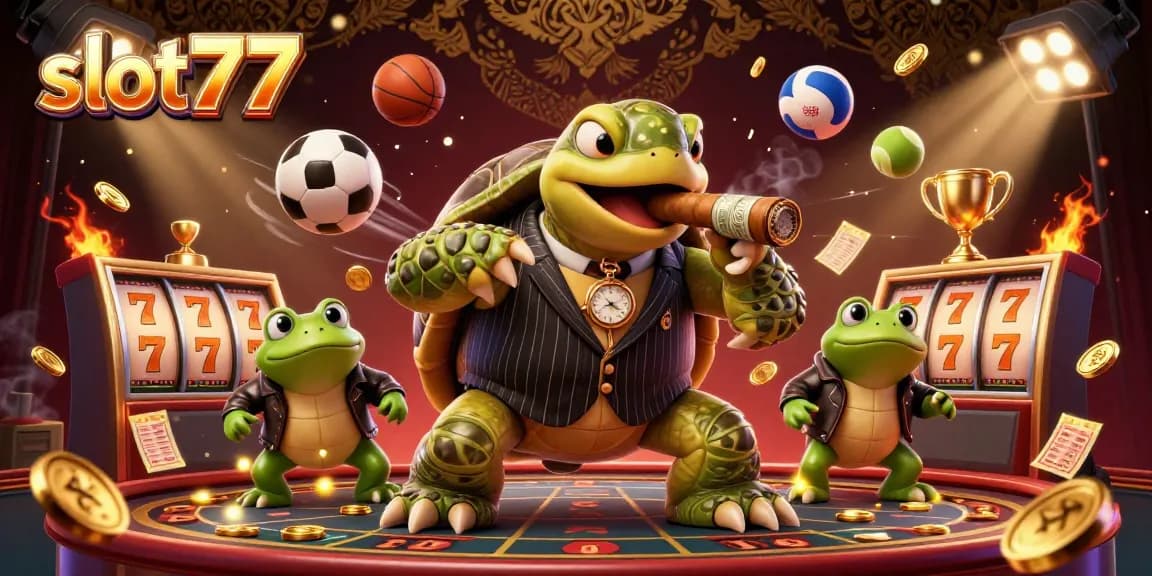 Experience action and excitement with slot77 as animated characters showcase vibrant casino gaming elements.
