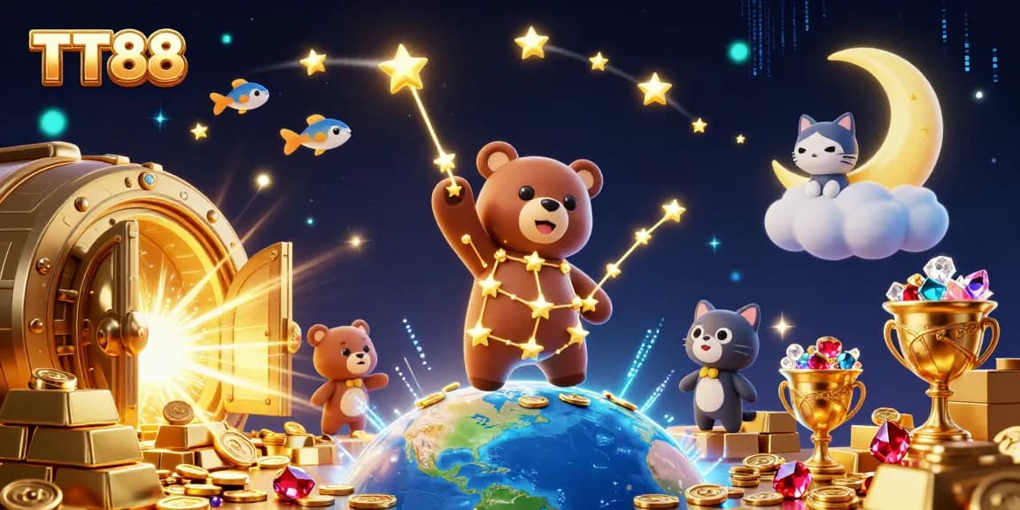 Experience the magic of TT88 with a dazzling 3D scene filled with golden treasures and celestial characters.