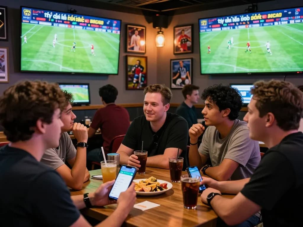 Friends discussing tỷ lệ kèo bóng đá in a vibrant sports betting lounge with live match screens.
