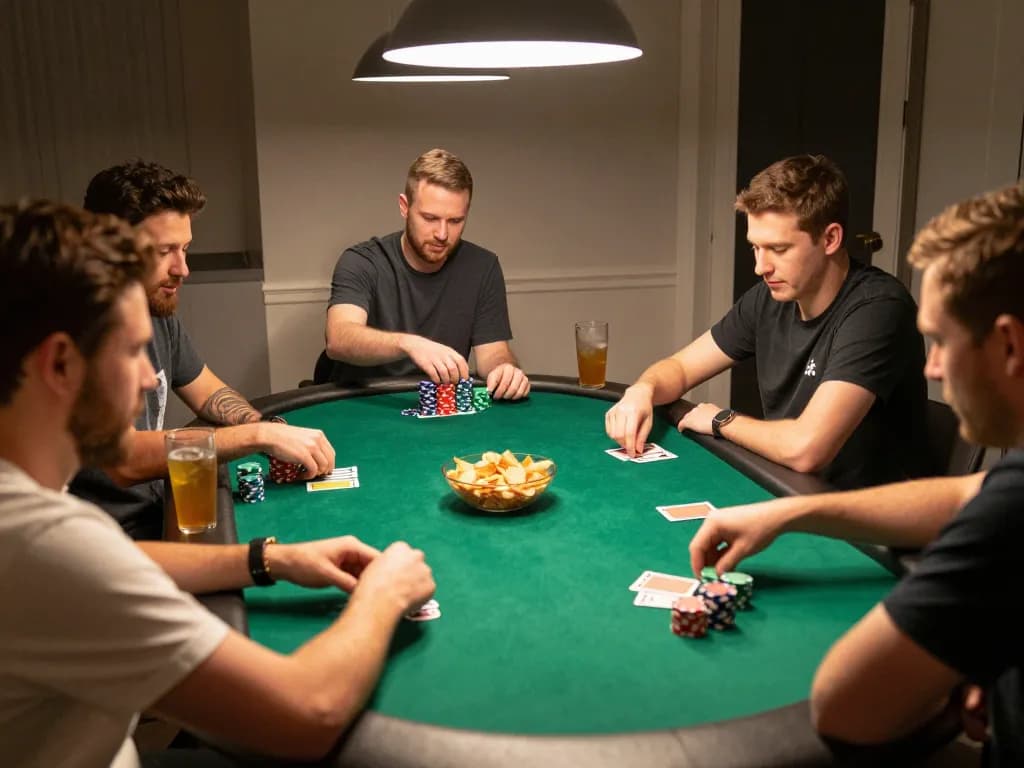 Friends enjoying a competitive poker game at home with engaging gameplay at AU88.