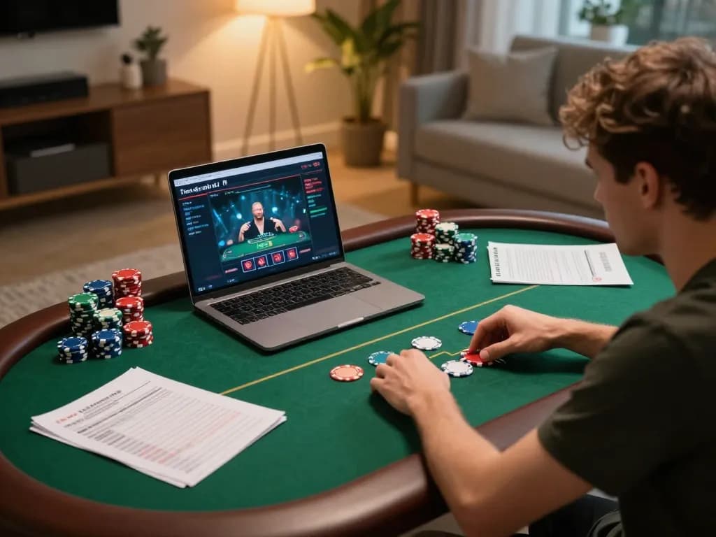 Engaged player using goal 123 for online poker strategy in a cozy home setting