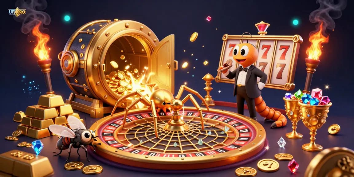 Experience UFABRO's exciting betting action with a golden spider and thrilling casino elements.