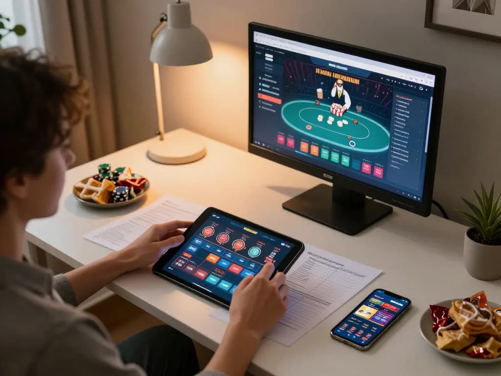 Player using tablet for online gaming at 789bet, showcasing a strategic betting environment.