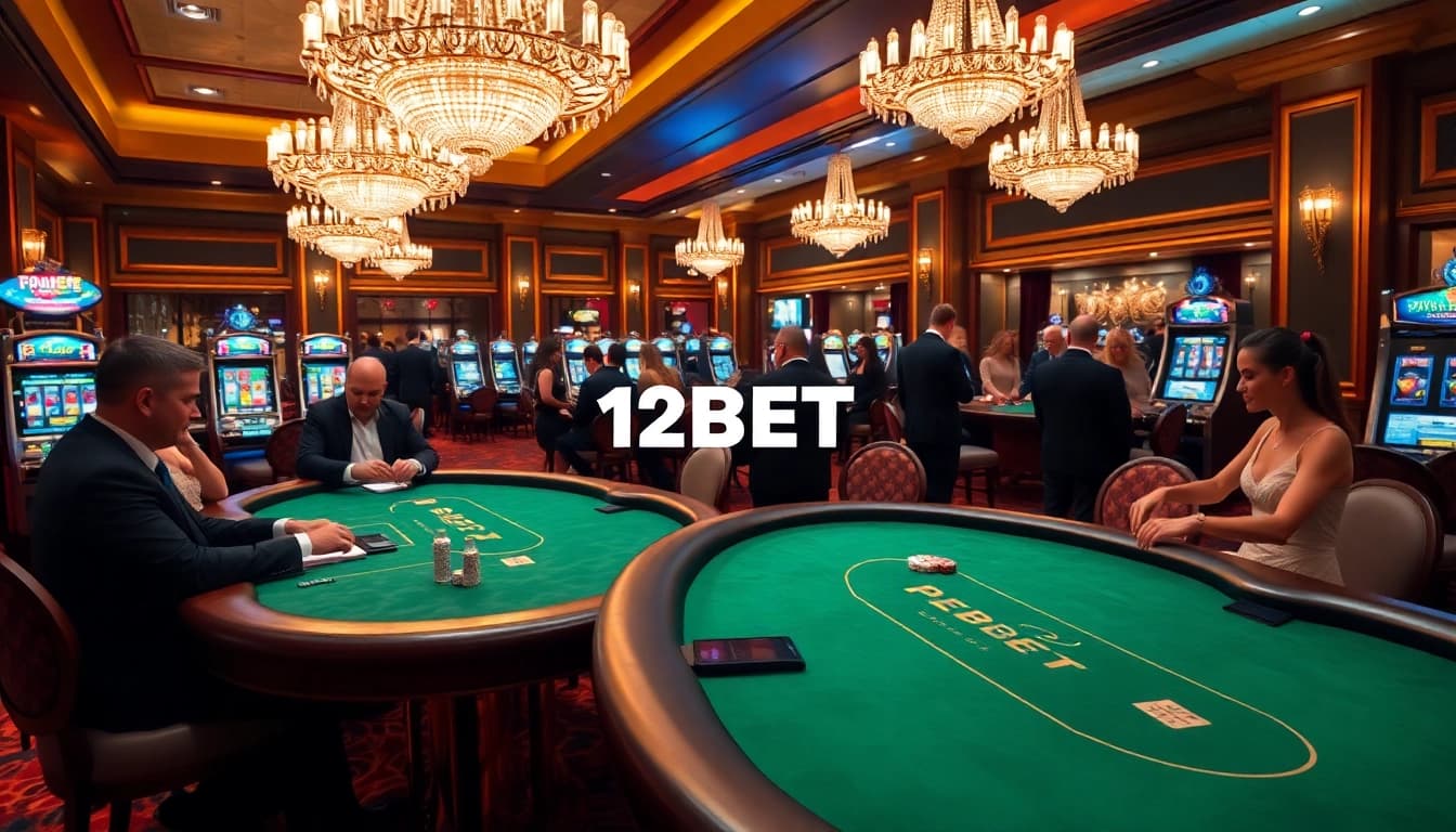 Experience thrilling gameplay at 12BET's luxurious casino featuring active poker tables and dynamic slot machines.