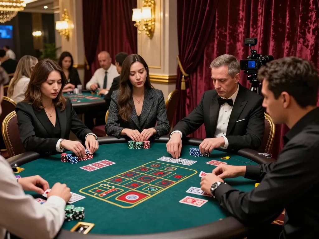 Engaged players enjoying their game at a TRX casino table, vibrant atmosphere and luxurious setting