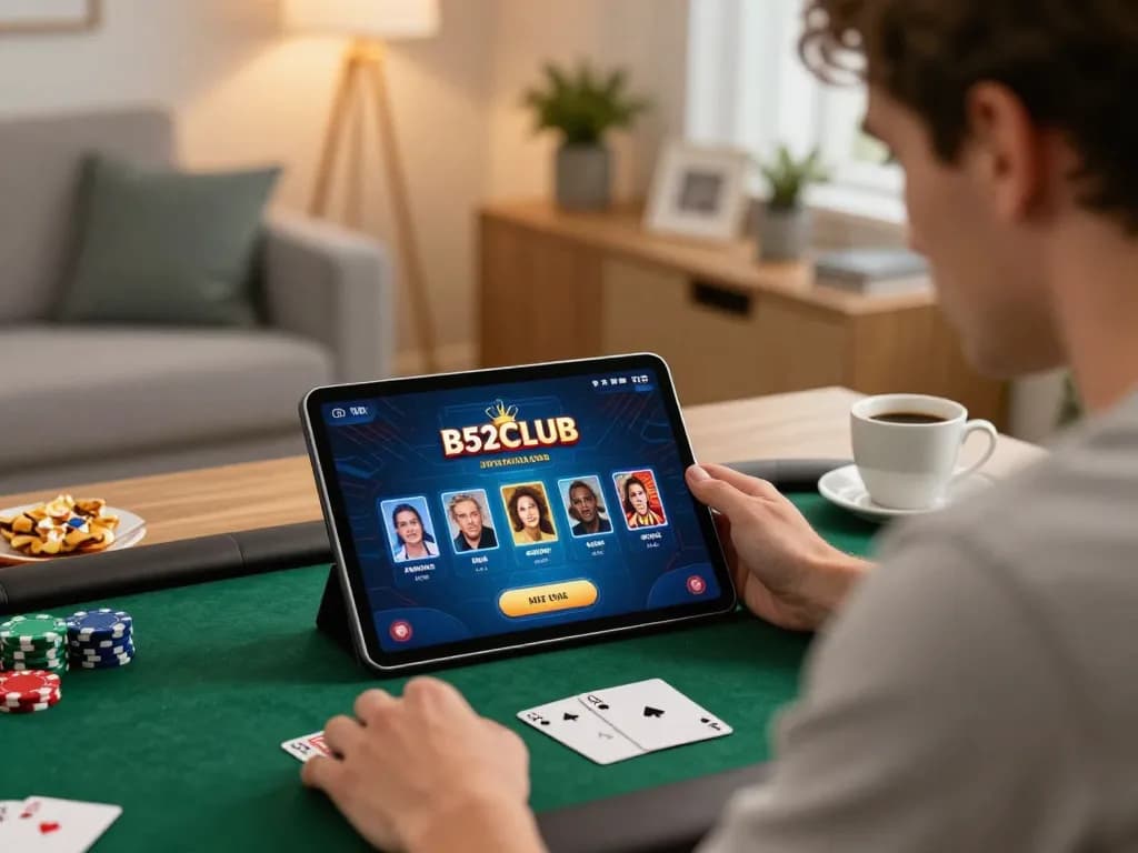 B52CLUB poker player strategizing at home on tablet with cards visible.