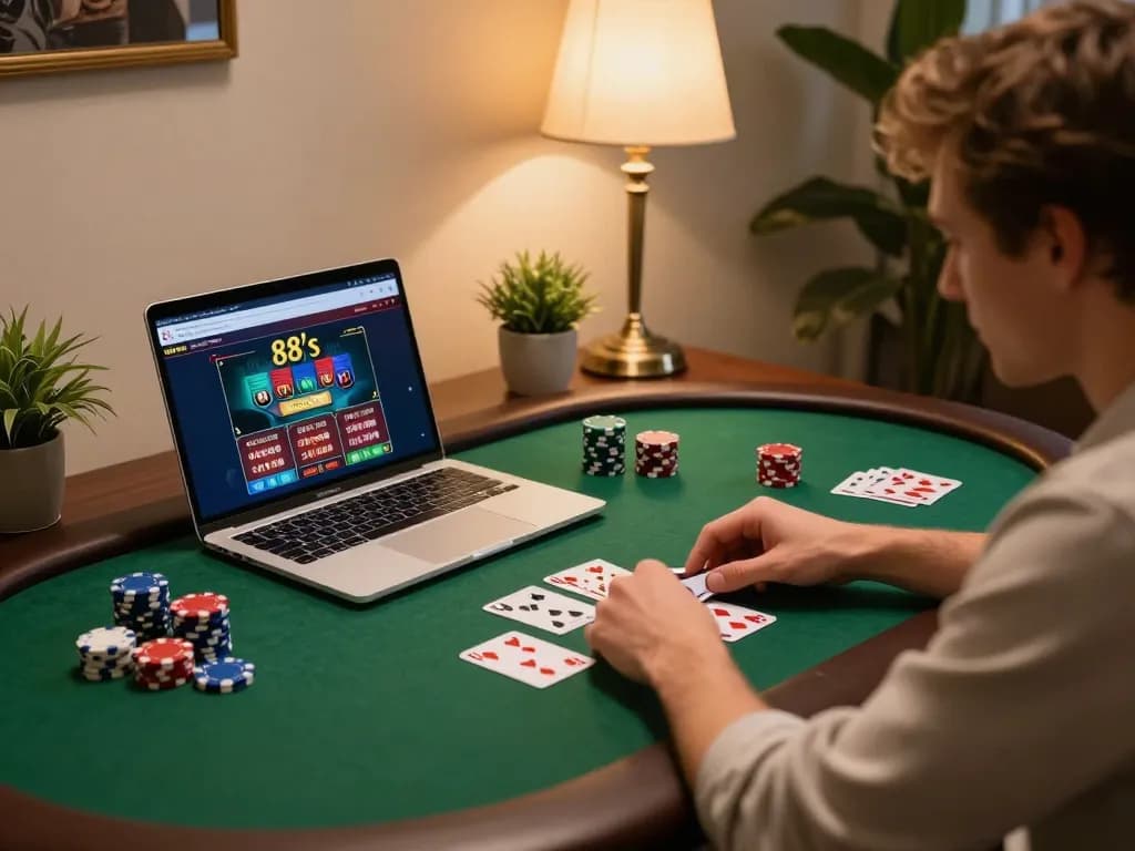Engaged player strategizing at home using open 88's online casino interface, showcasing a comfortable gaming setup