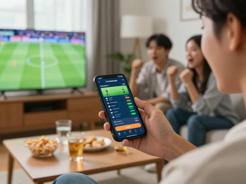 Betting on tructiepbongda through a smartphone while enjoying a live football match with friends.