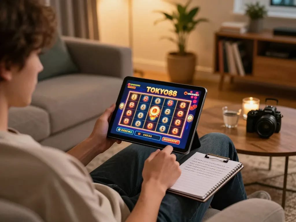 Pemain yang terlibat menikmati slot TOKYO88 di tablet, menunjukkan kegembiraan perjudian online.