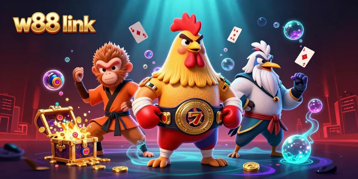 Experience thrilling action at w88 link, featuring 3D characters amidst casino treasures and vibrant games.