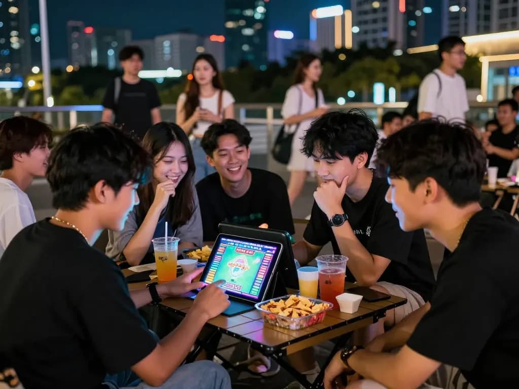 Excited friends playing tài xỉu sunwin mới nhất in a lively urban setting