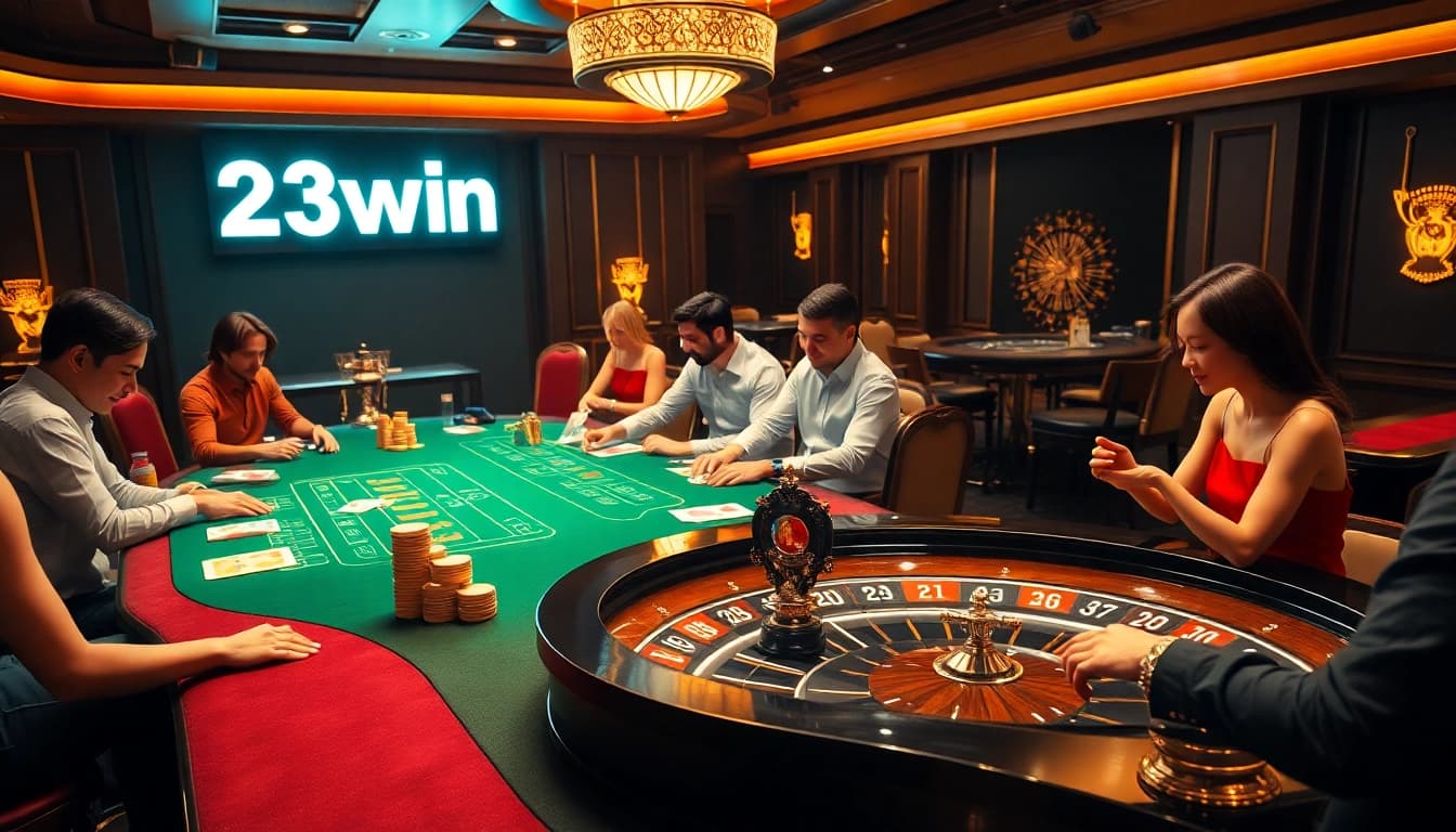 Dynamic gameplay experience at 23win, showcasing poker chips and a roulette wheel.
