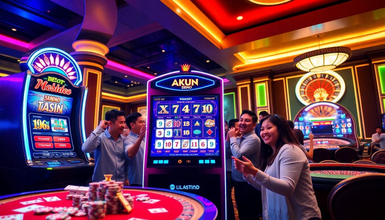 Players enjoy the excitement of akun demo gaming at a vibrant casino slot machine.