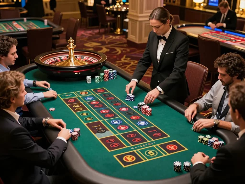 Live Casino gameplay at a roulette table with players eagerly placing bets and a dealer spinning the wheel, capturing the excitement.
