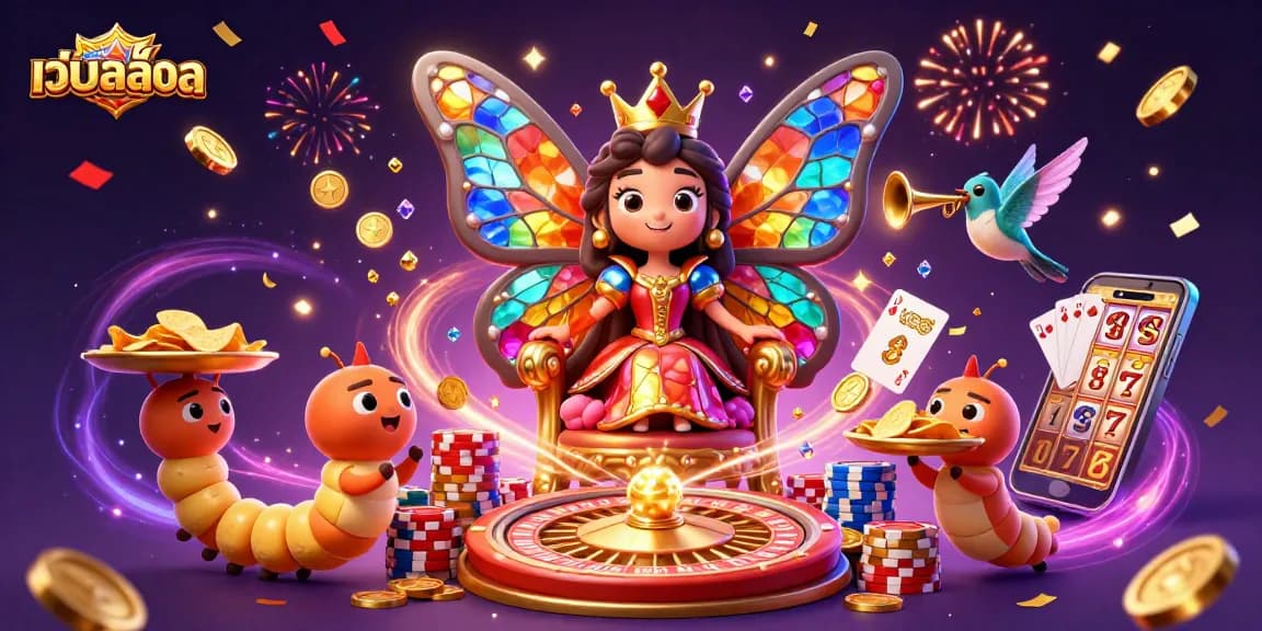 Experience เว็บสล็อต excitement with vibrant 3D characters and dynamic casino elements in a colorful scene.