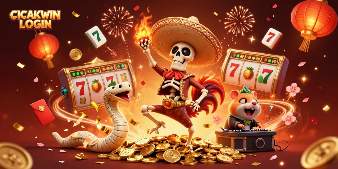 Join the excitement of CICAKWIN LOGIN with vibrant casino characters dancing over golden coins!