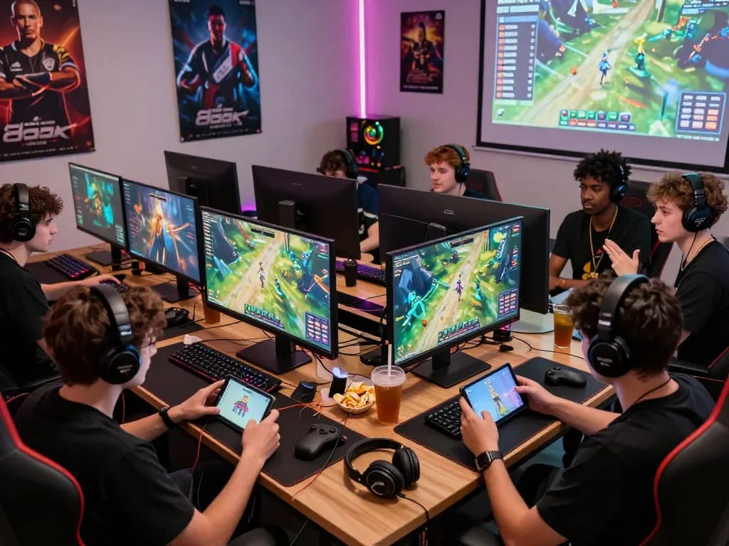 Players enjoying a competitive 88aa game experience in a vibrant gaming setup with screens and gaming gear.