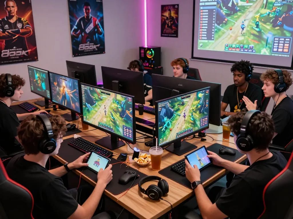 Players enjoying a competitive 88aa game experience in a vibrant gaming setup with screens and gaming gear.