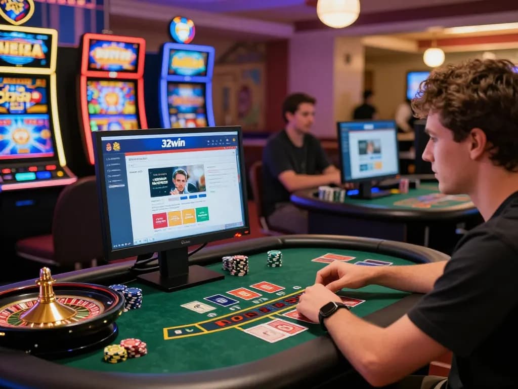 Engaging online gambling experience with 32win.agency gaming interface, vibrant casino atmosphere, and a player immersed in action.