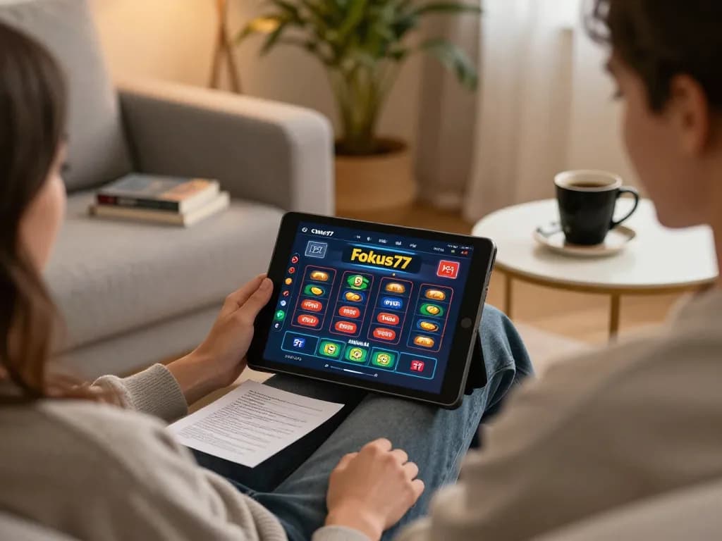 Engaging in strategic play on Fokus77 online casino, showcasing tablet interface and cozy home setup.
