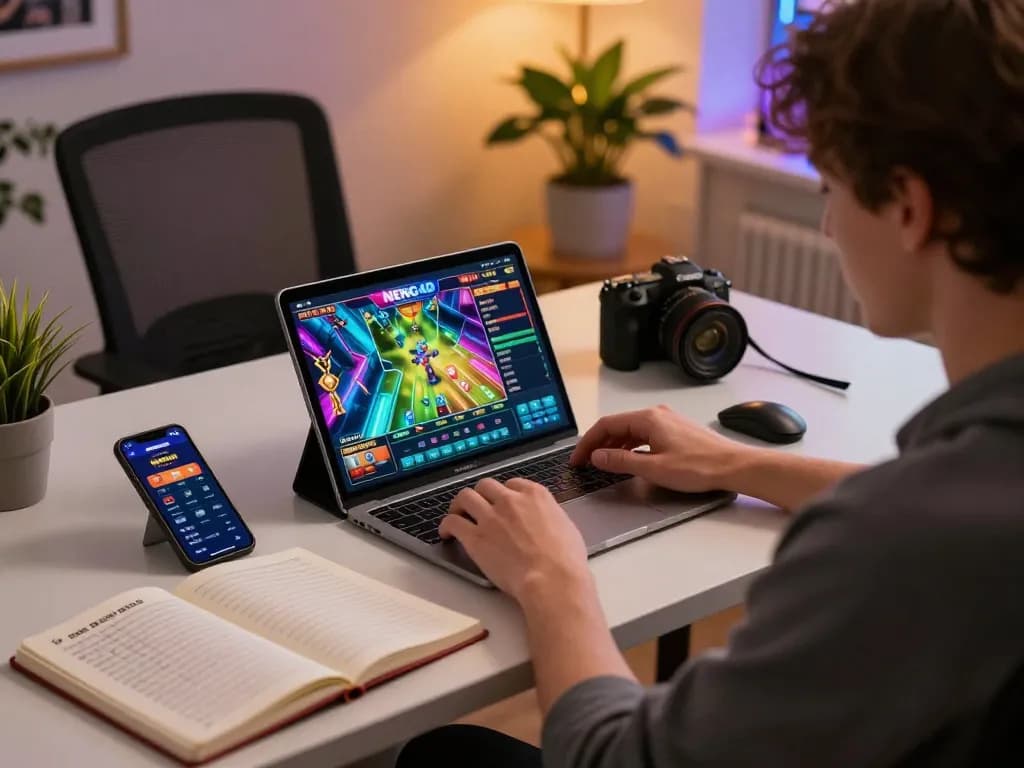 NENG4D slot gaming setup showcasing a user engaged in strategic online play with tablet and betting notes.