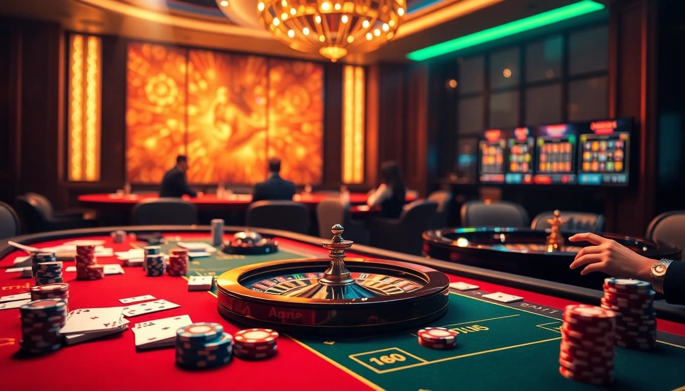 Players enjoying high-stakes poker at nhà cái kjc, surrounded by luxury and excitement in a casino setting.