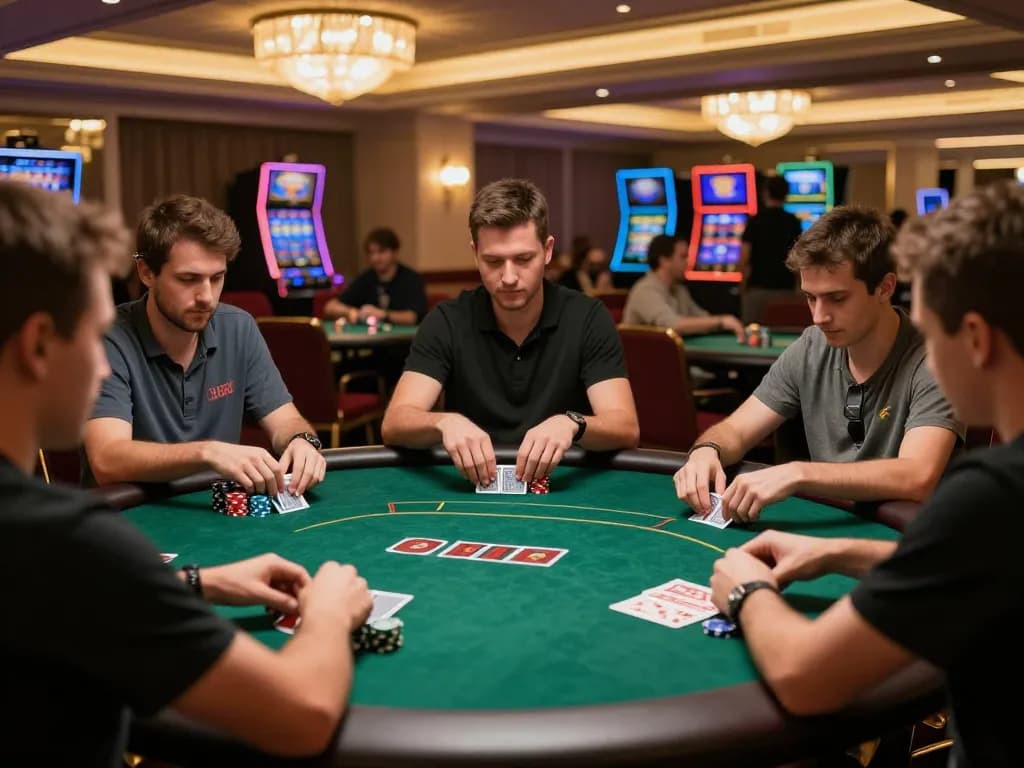 KDTOTO players strategizing in a dynamic poker game, showcasing excitement and competitive atmosphere.