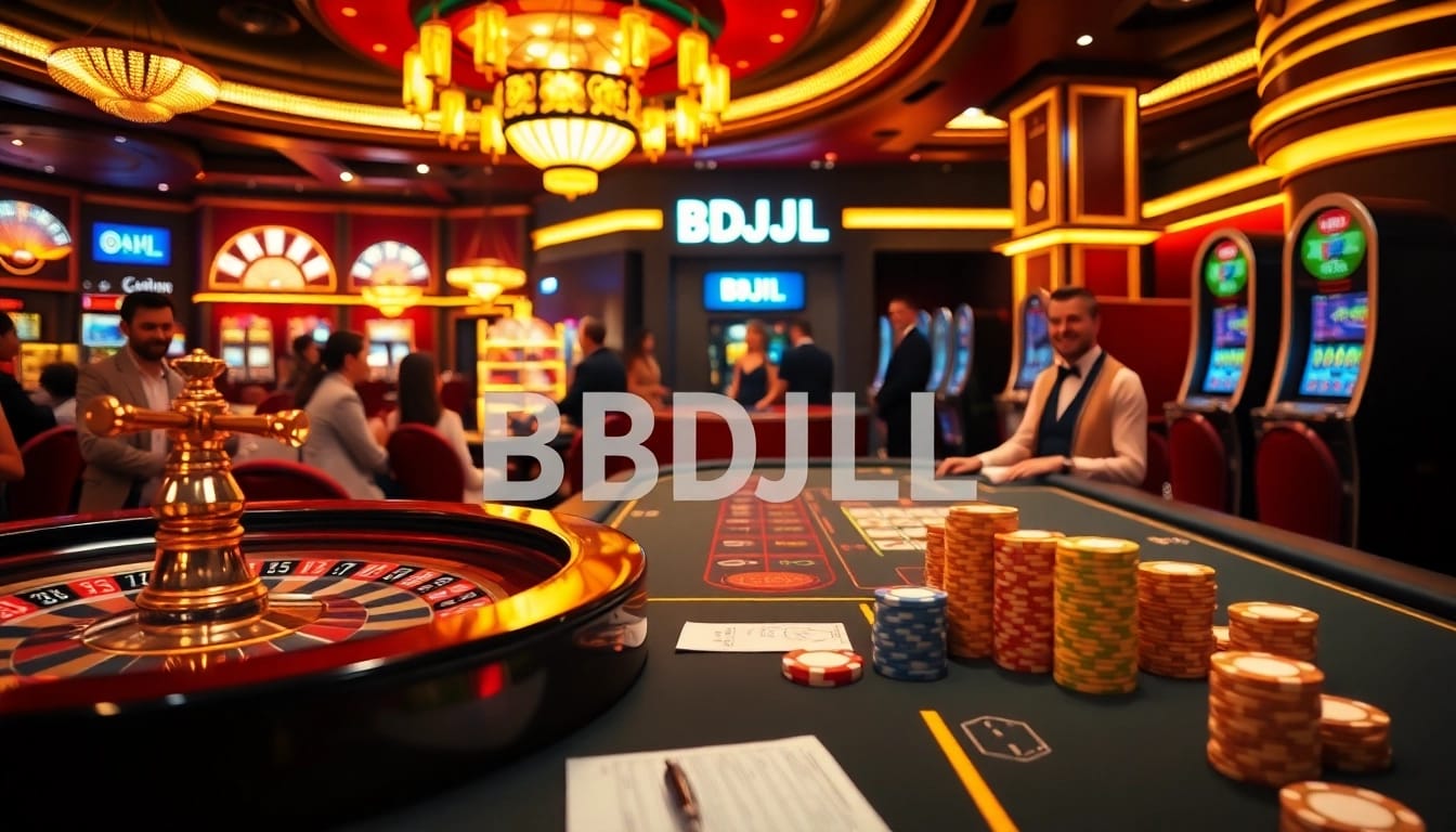 Engaged players at a casino table celebrating a win with BDJL-themed gambling elements.