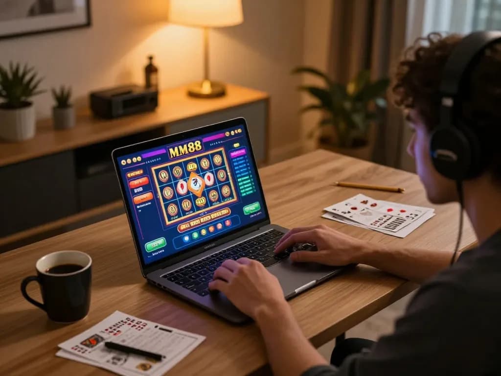 Engaging online gaming session at home showcasing casino MM88 slot game interface on laptop