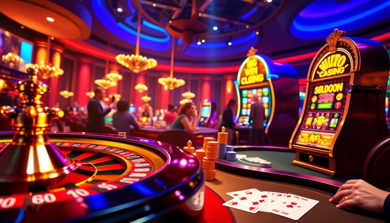 Experience thrilling games at https://mmoo1.de.com/, featuring a vibrant casino scene with lively slot machines and poker chips.
