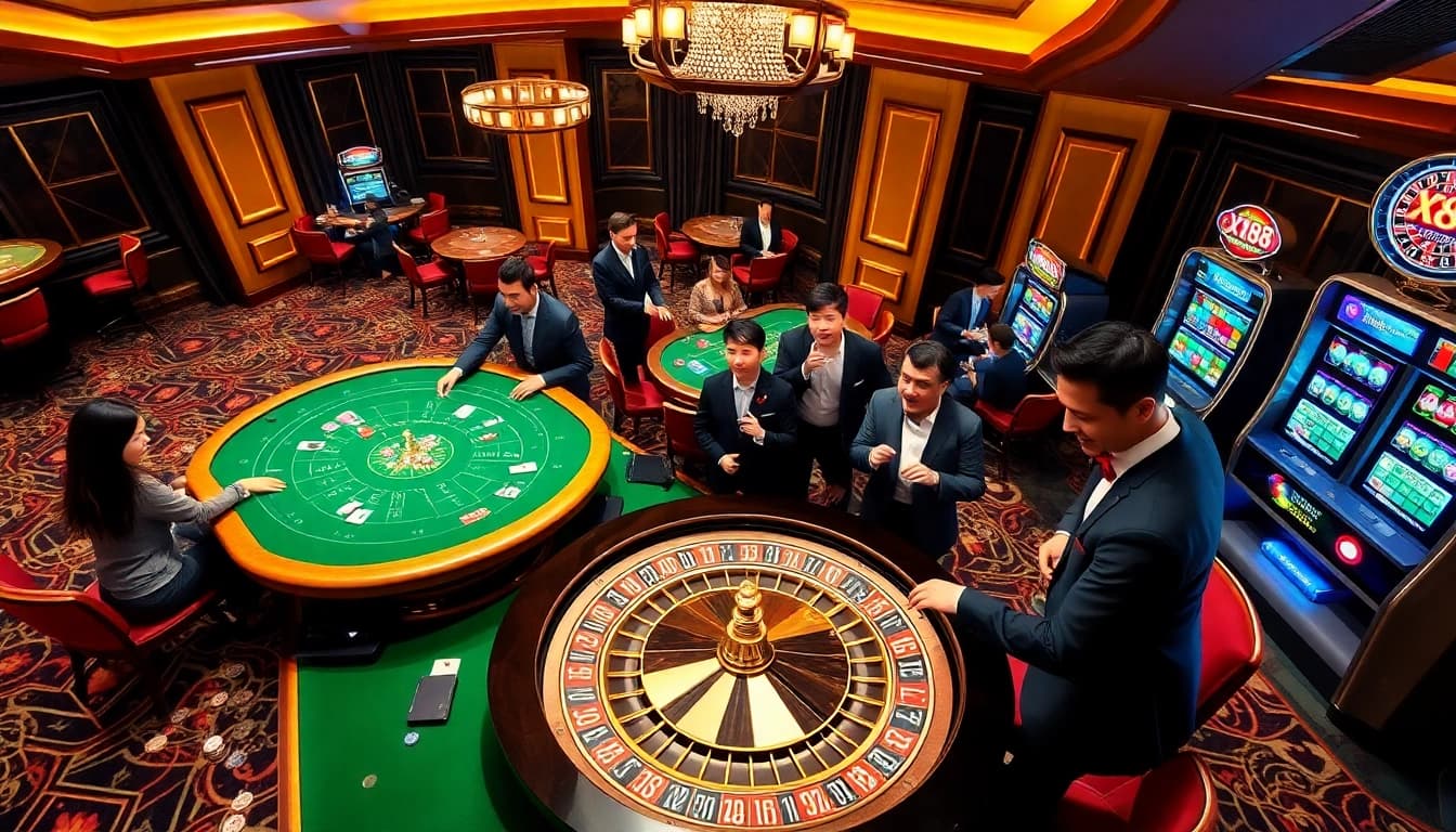 Players enjoying a high-stakes game at xx88 online casino with vibrant gaming tables and excitement in the air.