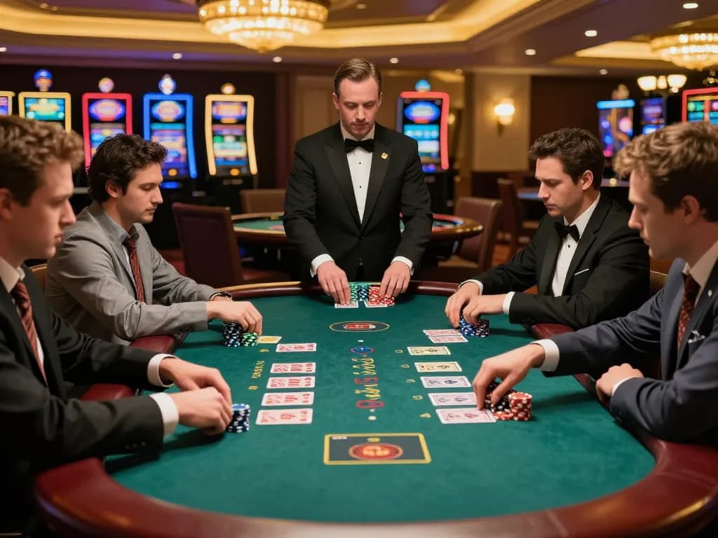 Engaging blackjack game showcasing gg88 uy tín with players strategically making bets and managing chips, emphasizing high-stakes atmosphere