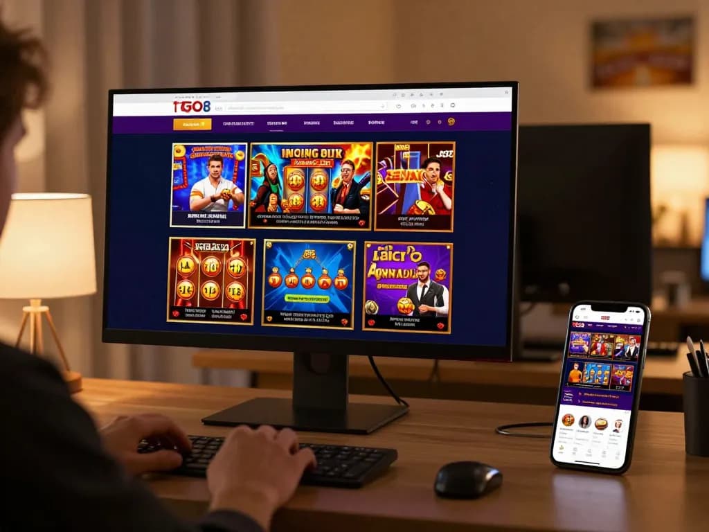 Players explore diverse games on the GO8 online casino platform in a cozy home setting.
