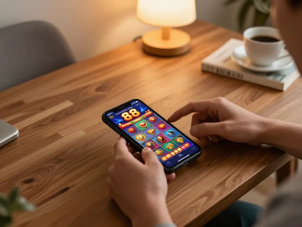 Playing slot 88 on a smartphone in a cozy home gaming setup, showcasing vibrant graphics and engagement.