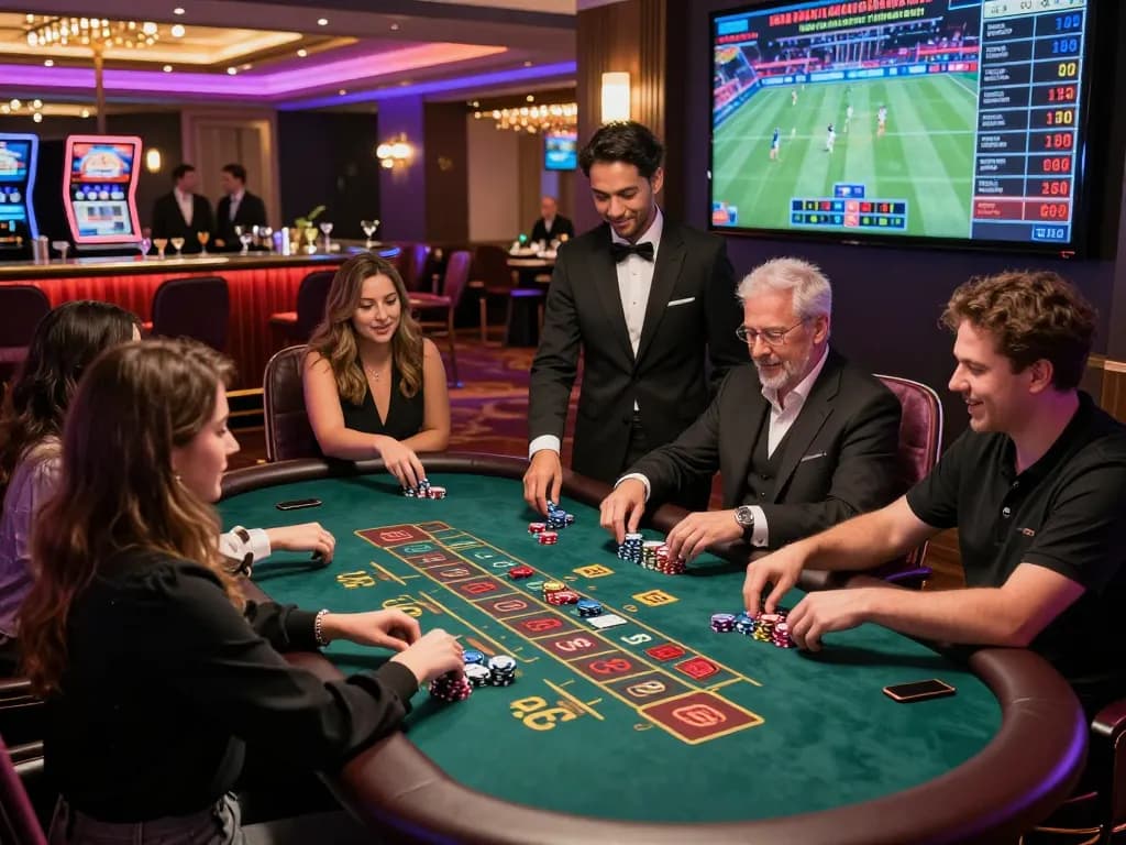 Diverse gamers enjoying af88 game at an upscale casino, with vibrant live dealer tables and sports betting screens.