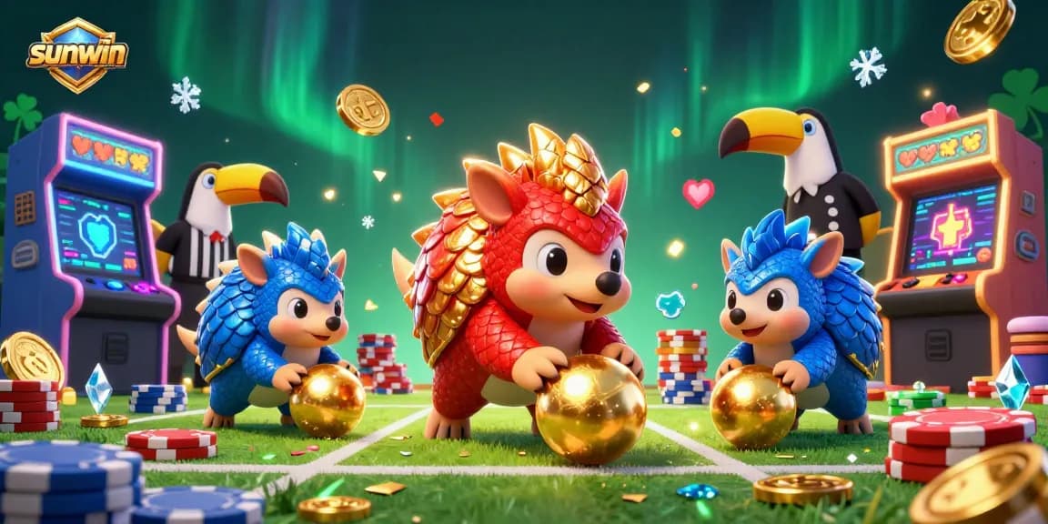 Engage with sunwin's exciting gaming adventure featuring rival pangolins in a 3D casino scene.