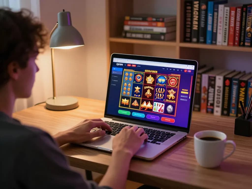 Engaging in GEM WIN online gaming on a laptop with a cozy atmosphere and colorful game interface.